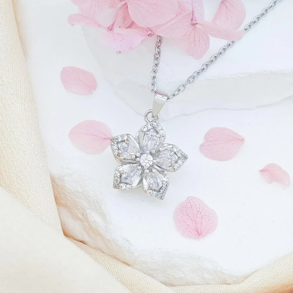 Women Flower Fidget Silver White Set2 Necklace Rotatable Crystal Blossom Pendant